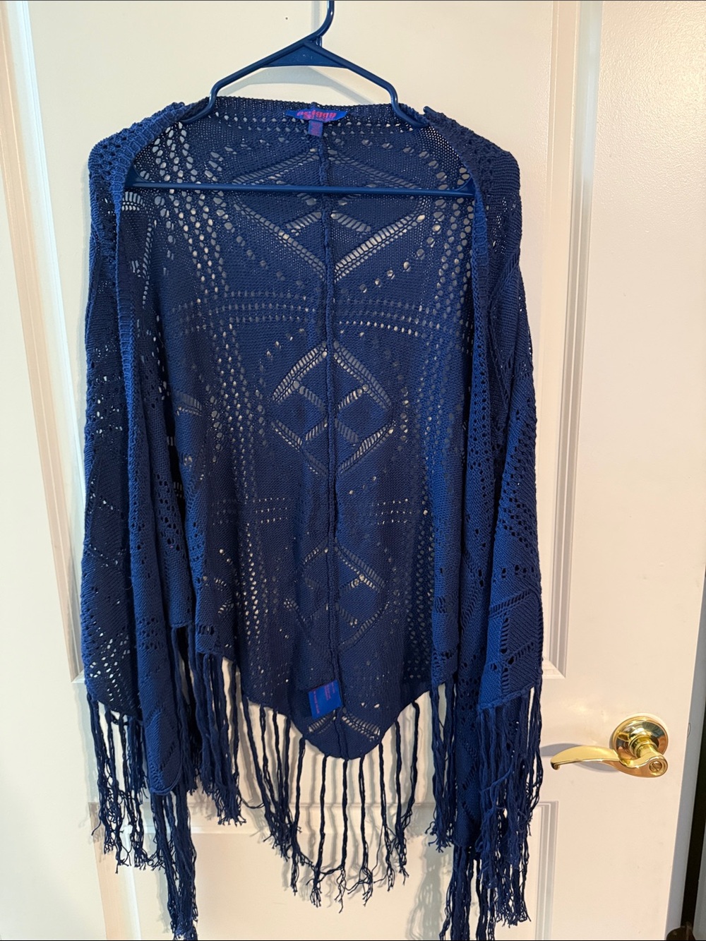Twiggy London Open-Knit Fringe Shawl Wrap - Navy OS